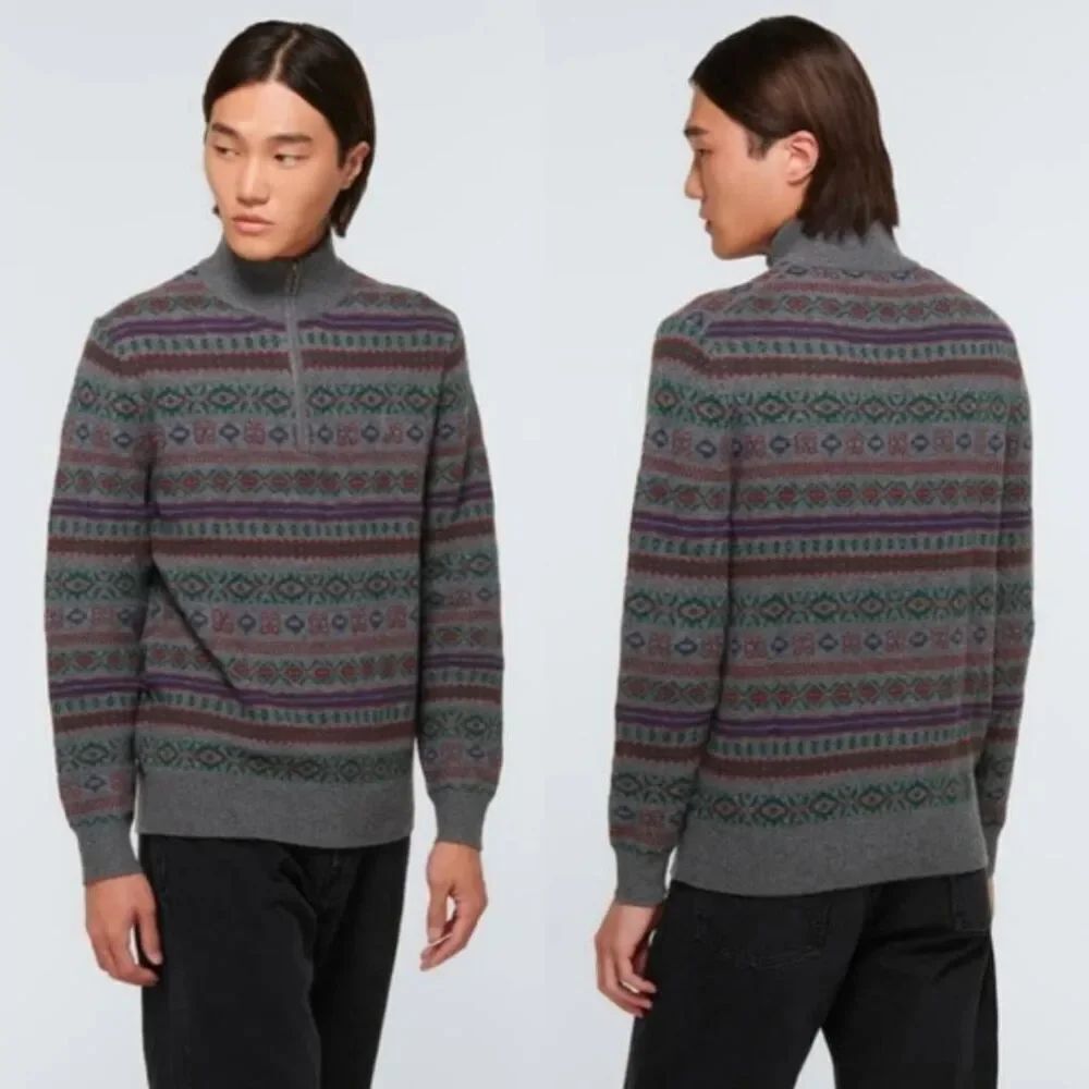 POLO RALPH LAUREN Men's Grey Fair Isle Wool-Cashmere 1/4 Zip Pullover Sweater L